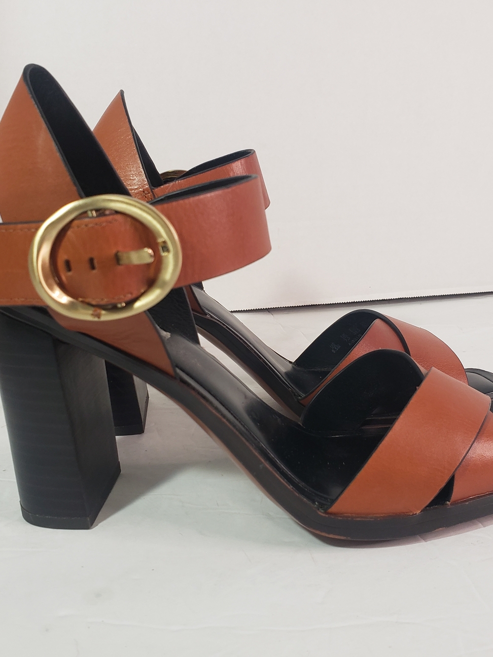 Franco Sarto Brown Leather Block Heel Sandals with Gold Buckle Sz: 9.5 Heel:4 In